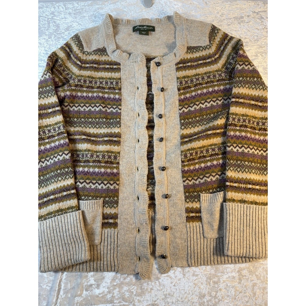 Eddie Bauer Women S Lambswool Cardigan Sweater Fair Isle Ruffle Y2K Vintage